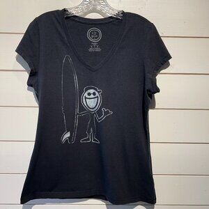 Life Is Good T-Shirt Women Large Fitted Black Cap Sleeves V Neck Surfboard Jake